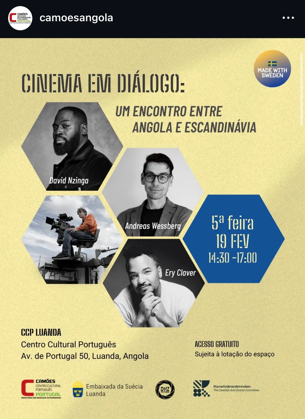 Cinema em Diálogo programme naming David Nzinga, Andreas Wessberg and Ery Claver.